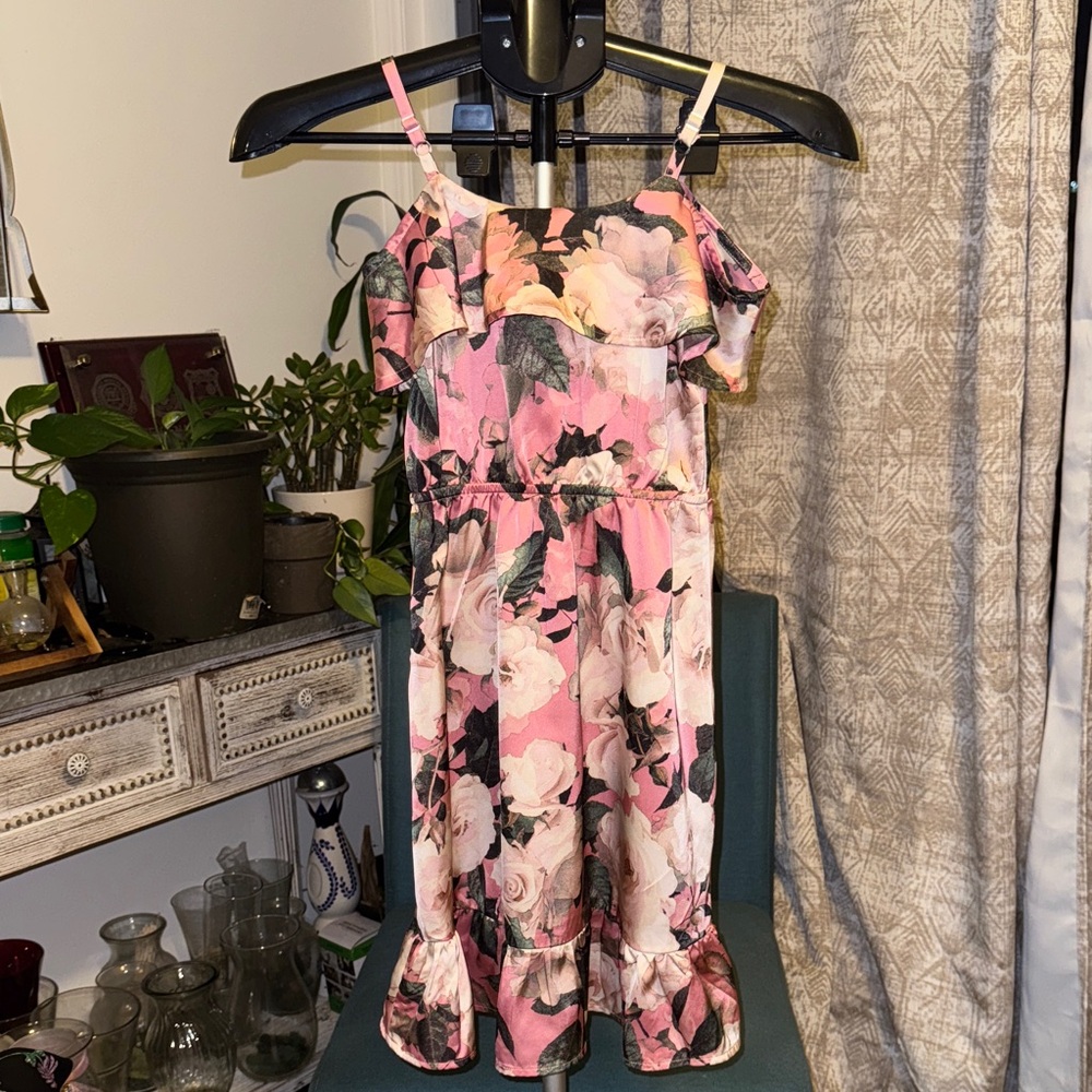 Children's Place - Floral Pink and Black Off-Shoulder Dress
